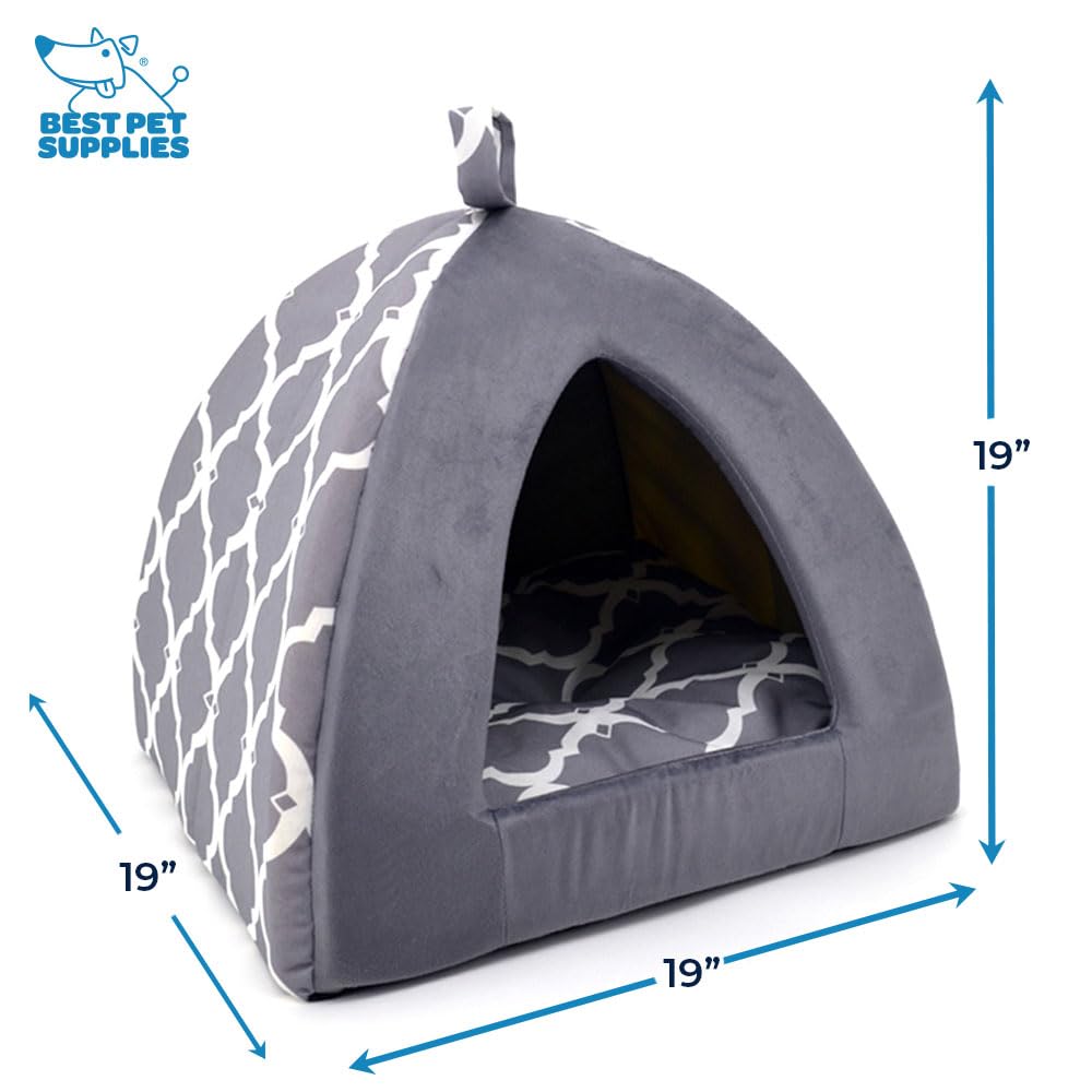 Casa Tienda Suave para Perros y Gatos Best Pet Supplies — Refugio Interior con Forro de Poly-Foam, Diseño Cuadriculado Gris, 48 x 48 x 48 cm