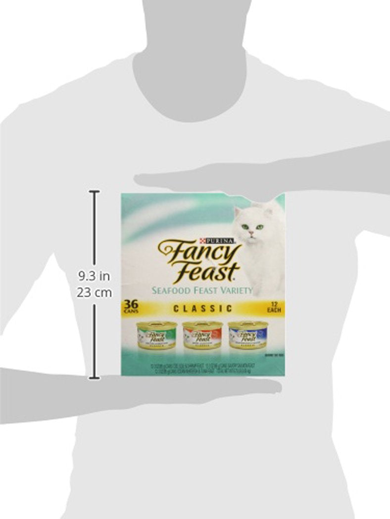 Purina Fancy Feast Colección Clásica de Mariscos en Paté — Alimento Húmedo para Gatos sin Granos, Variedad de Bacalao, Salmón, Camarón y Atún, Pack de 36 Latas de 85g