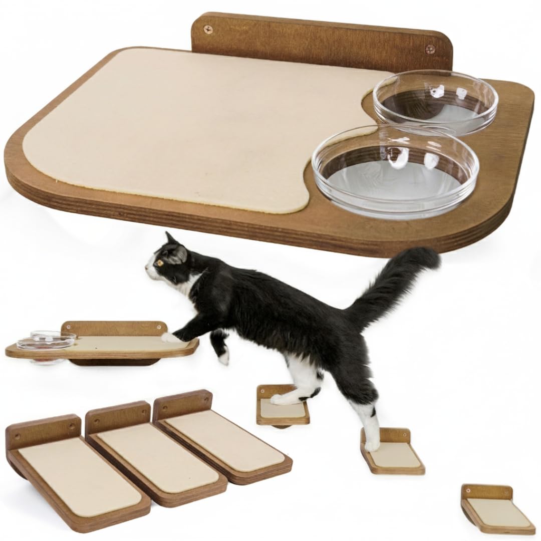 Estantes de Abedul para Gatos — Mueble de Pared con 3 Escalones y Tazones de Vidrio para Alimentación