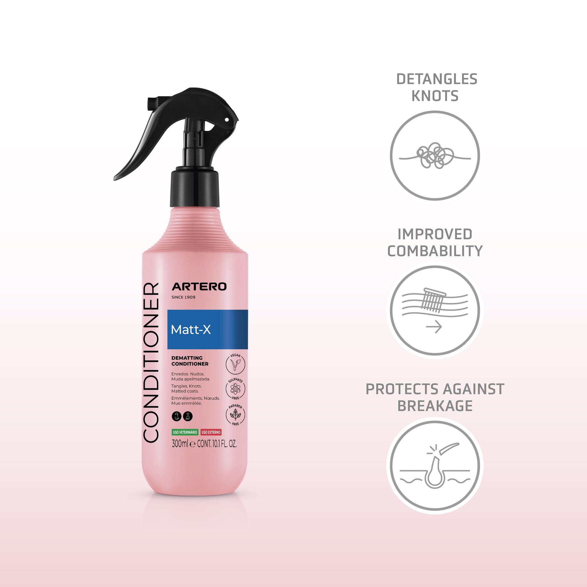 Artero Matt-X — Spray Desmatador y Acondicionador Profesional para Perros y Gatos, Desenredante de Acción Rápida, Pelaje Suave y Brillante, 300 ml