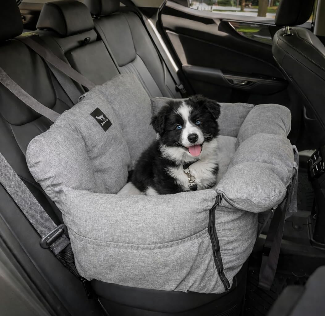 Jacko & Co — Asiento de Auto Premium para Perros Pequeños y Cachorros con Correa de Seguridad, Bolsillos de Almacenamiento y Funda Lavable a Máquina