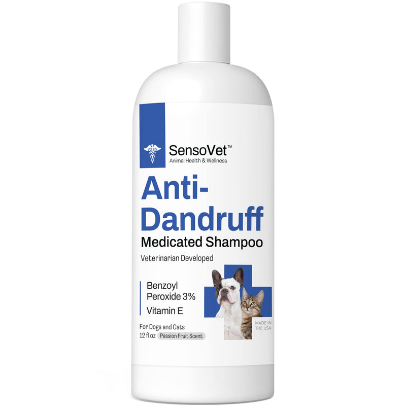 SensoVet Shampoo Anticaspa para Perros y Gatos con Peróxido de Benzoilo y Vitamina E — Alivio para Piel Seca, Seborrea, Foliculitis, Dermatitis, Acné y Descamación — 355 ml (12 oz)
