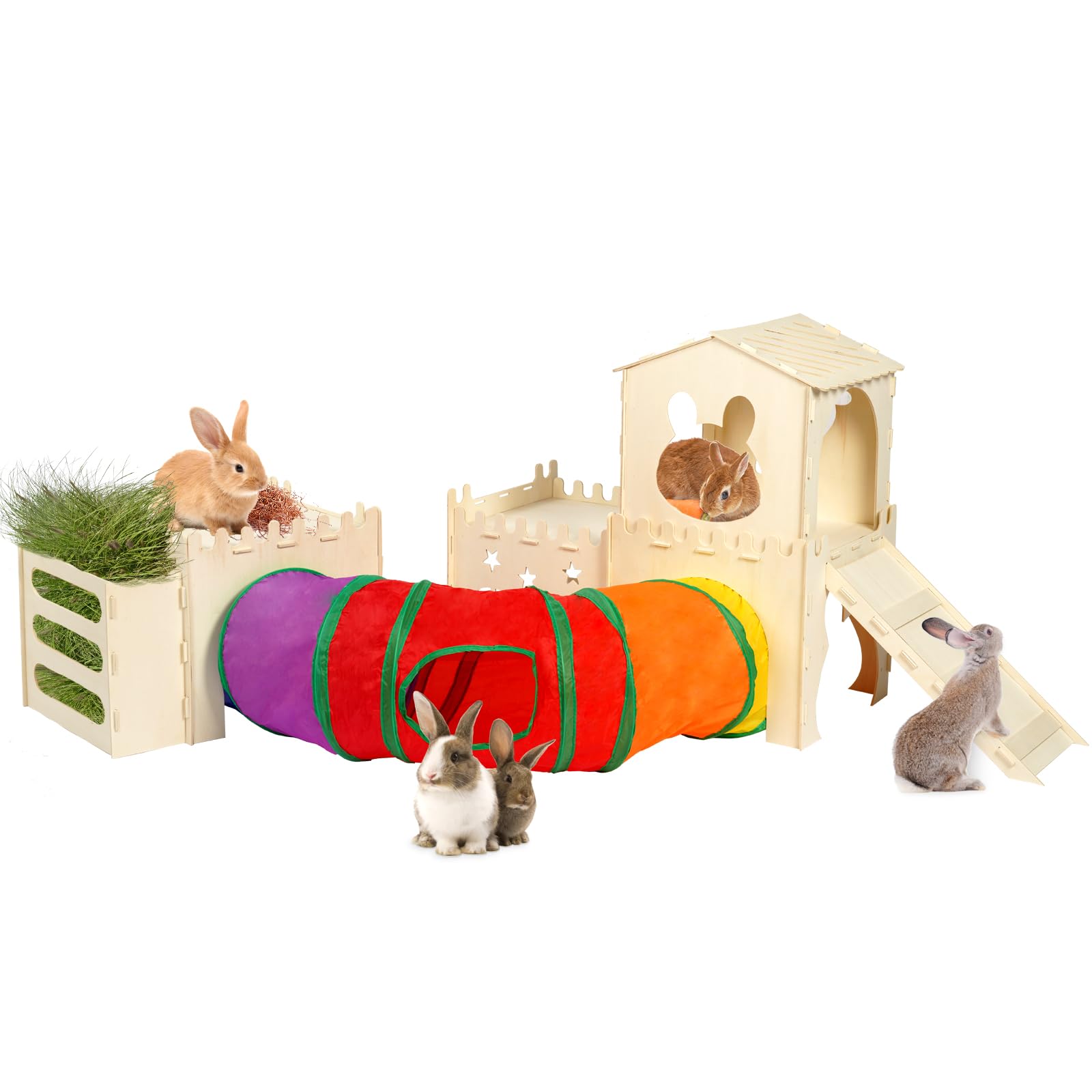 UNMOONY Casa Castillo de Madera con Túneles para Conejos — Refugio y Área de Juego para Pequeños Animales