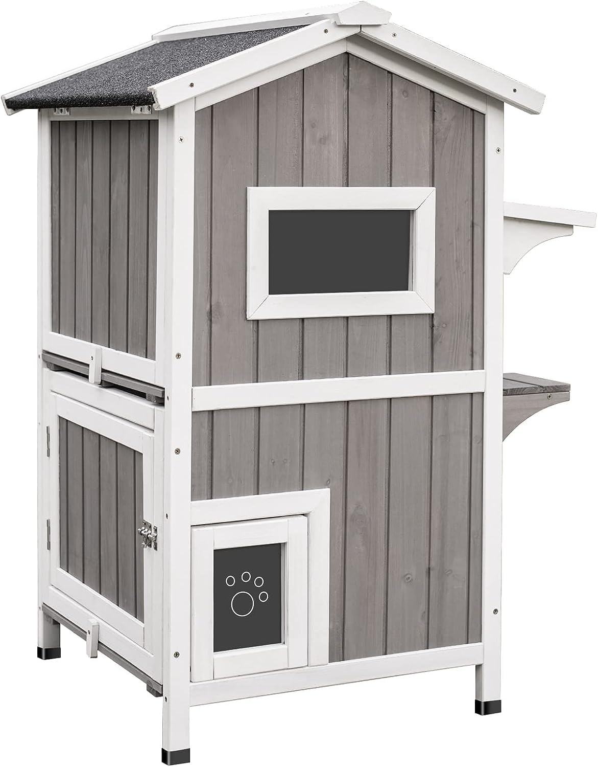 PetsCosset — Casa para Gatos de Madera de Dos Pisos con Techo Impermeable Abatible y Puertas de Escape para Uso Exterior e Interior