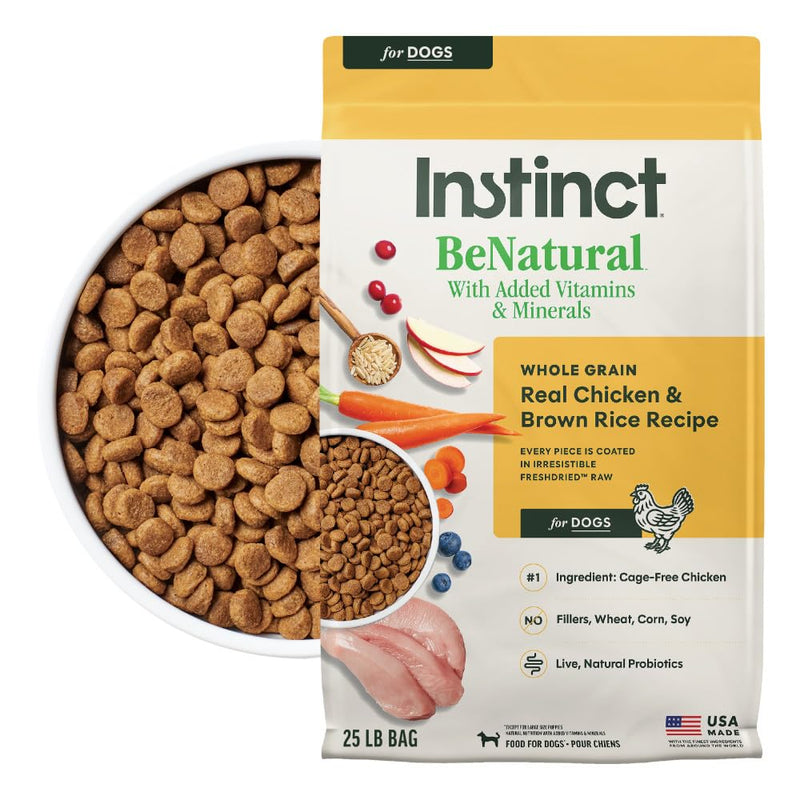 Instinct Be Natural Alimento Seco para Perros con Pollo Real y Arroz Integral — Croquetas con Cobertura de Raw Congelado, Bolsa 25 lb (11.3 kg)