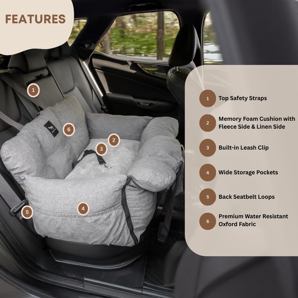 Jacko & Co — Asiento de Auto Premium para Perros Pequeños y Cachorros con Correa de Seguridad, Bolsillos de Almacenamiento y Funda Lavable a Máquina