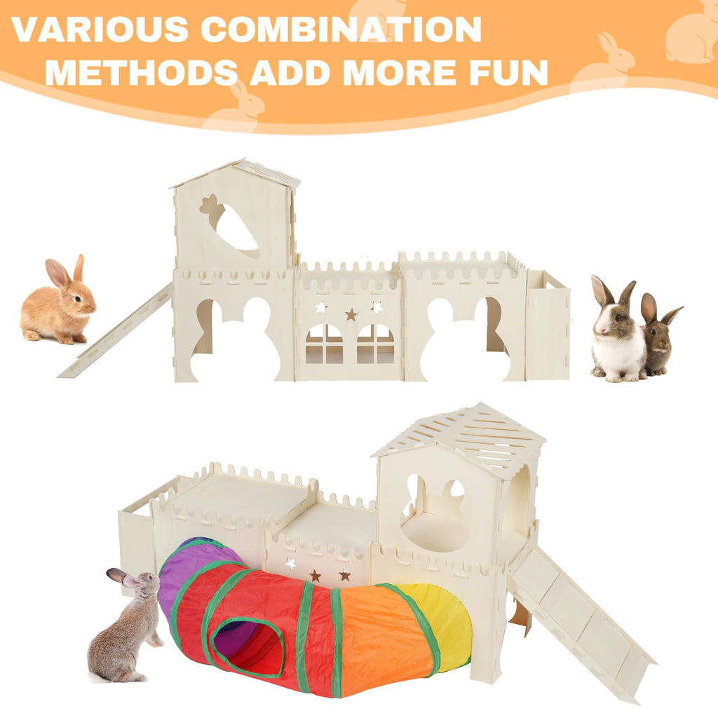 UNMOONY Casa Castillo de Madera con Túneles para Conejos — Refugio y Área de Juego para Pequeños Animales