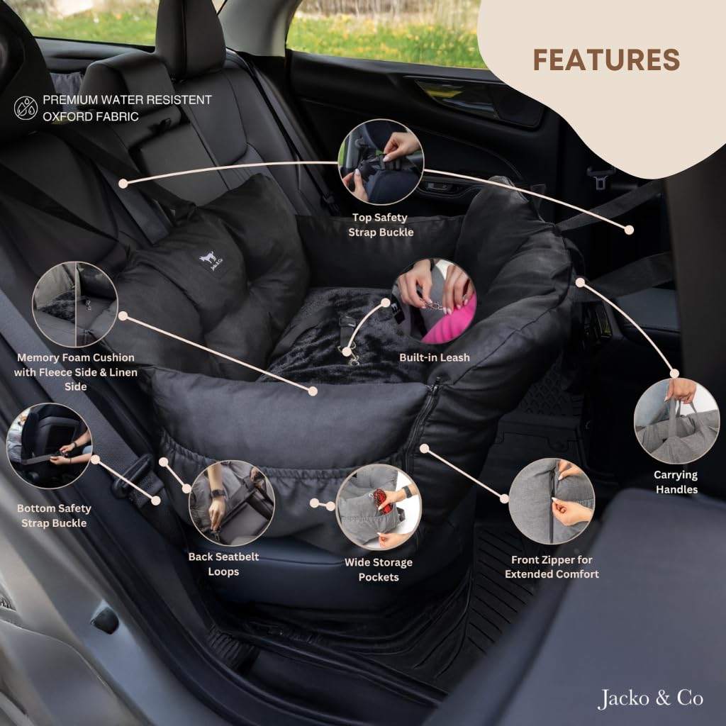 Jacko & Co — Asiento de Auto Premium para Perros Pequeños y Cachorros con Correa de Seguridad, Bolsillos de Almacenamiento y Funda Lavable a Máquina