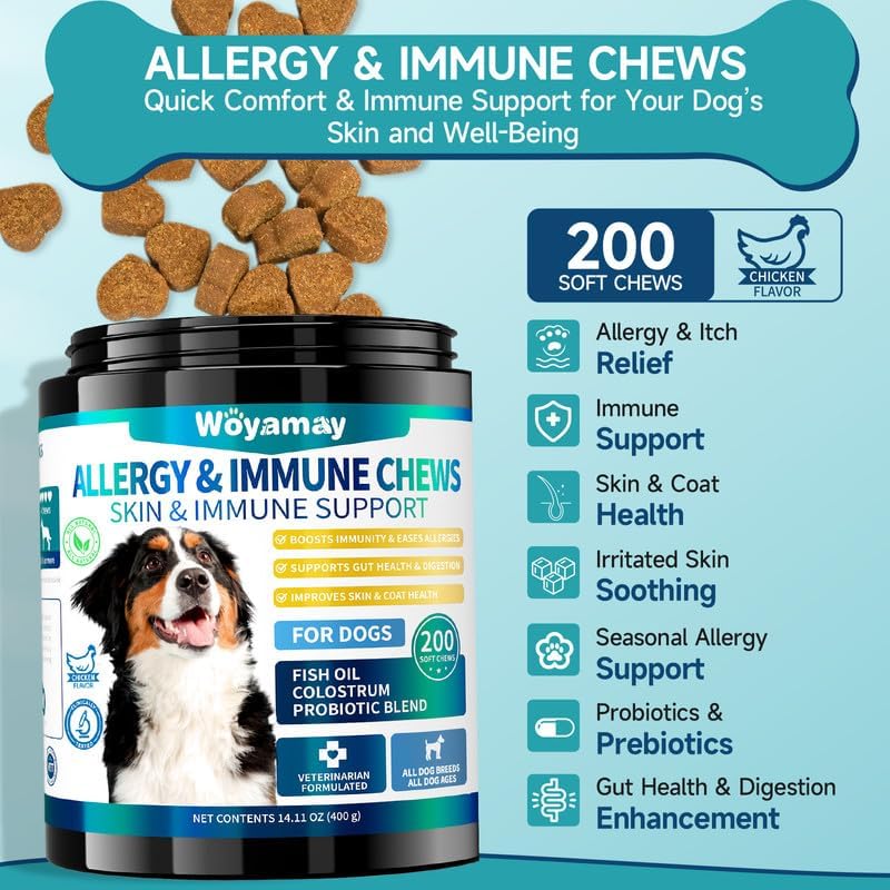 Gomitas para Alergias en Perros con Probióticos — 200 Masticables Suaves para Alivio de Picazón, Piel Sensible, Soporte Inmune y Salud Digestiva, Sabor Pollo