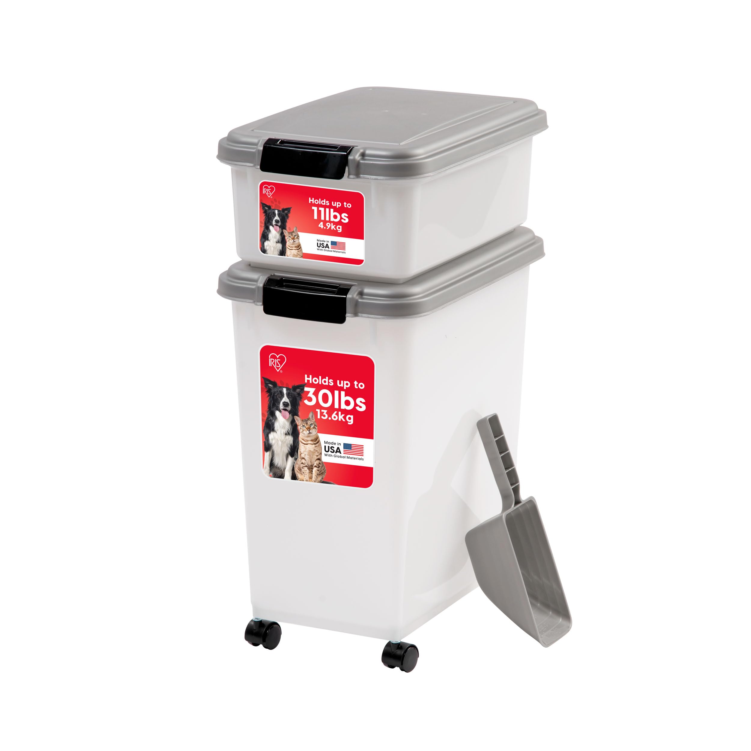 IRIS USA — Contenedor Hermético para Alimento de Perro y Gato, Combo 30 lbs y 11 lbs, Apilable con Ruedas y Taza Medidora de 2 Tazas