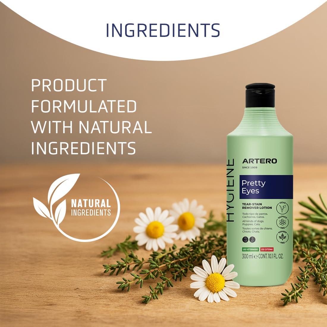 Artero Pretty Eyes — Limpiador Ocular para Perros y Gatos | Elimina Manchas de Lágrimas con Extractos de Manzanilla, Romero y Tomillo | Frasco 300 ml