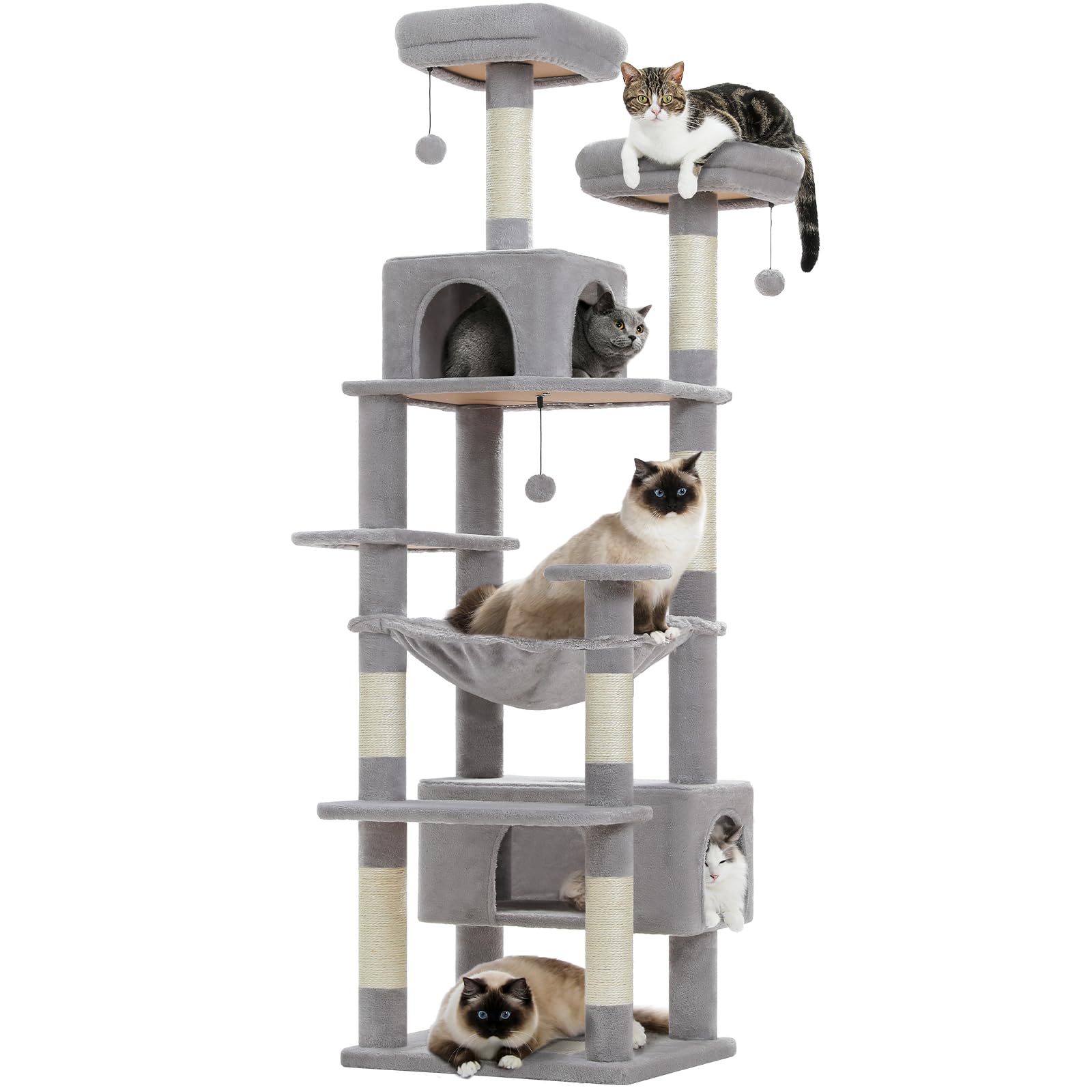 PAWZ Road 72-81 Inches Large Cat Tree, Tall Cat Tower with Large Mental Hammock for Indoor Cats Adults,7 Sisal-Covered Scratching Posts, 2 Padded Perches, Condos, and Basket