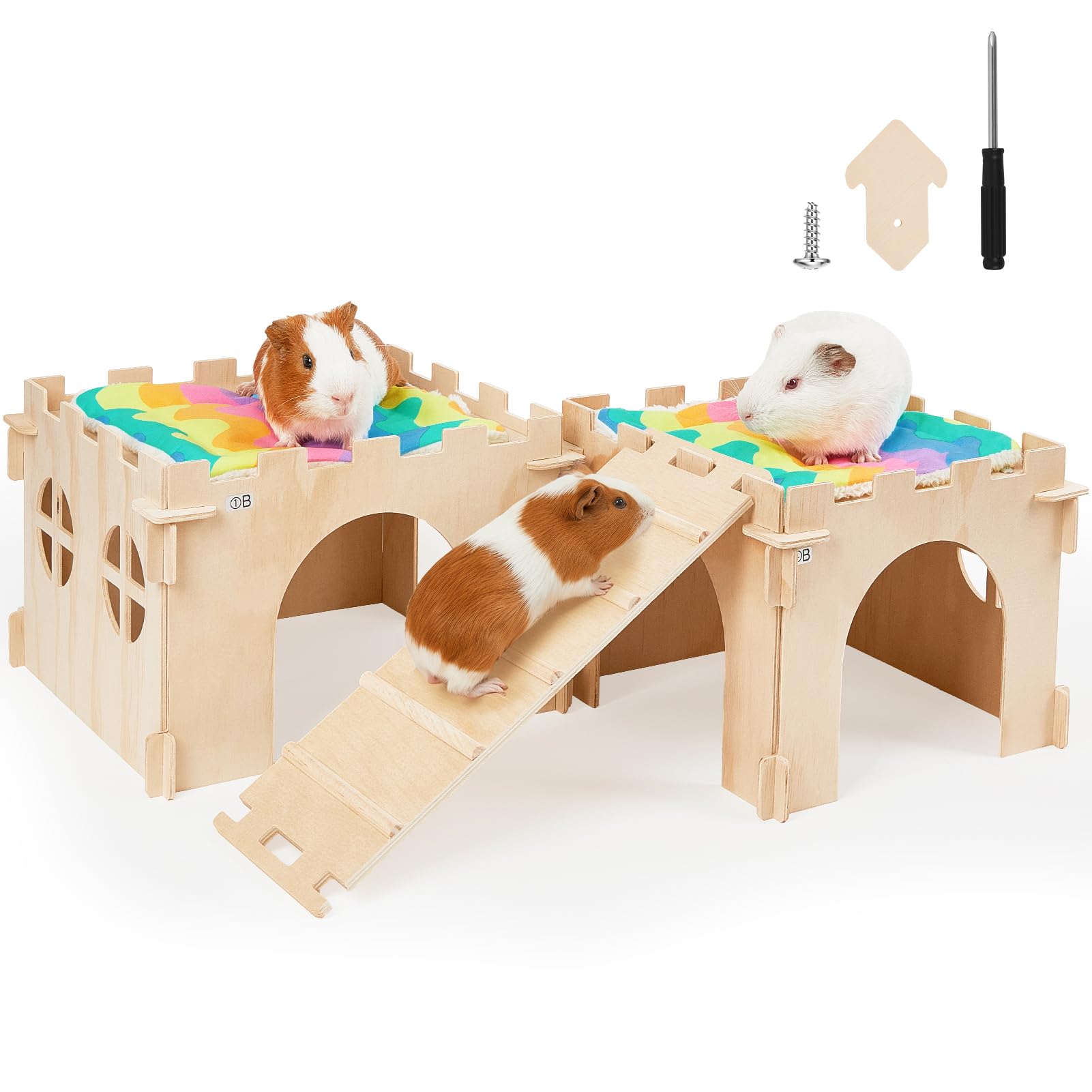 Unicorn Catcher — Casa Castillo de Madera Extra Grande con Escalera y Tapetes para Cobayos y Animales Pequeños