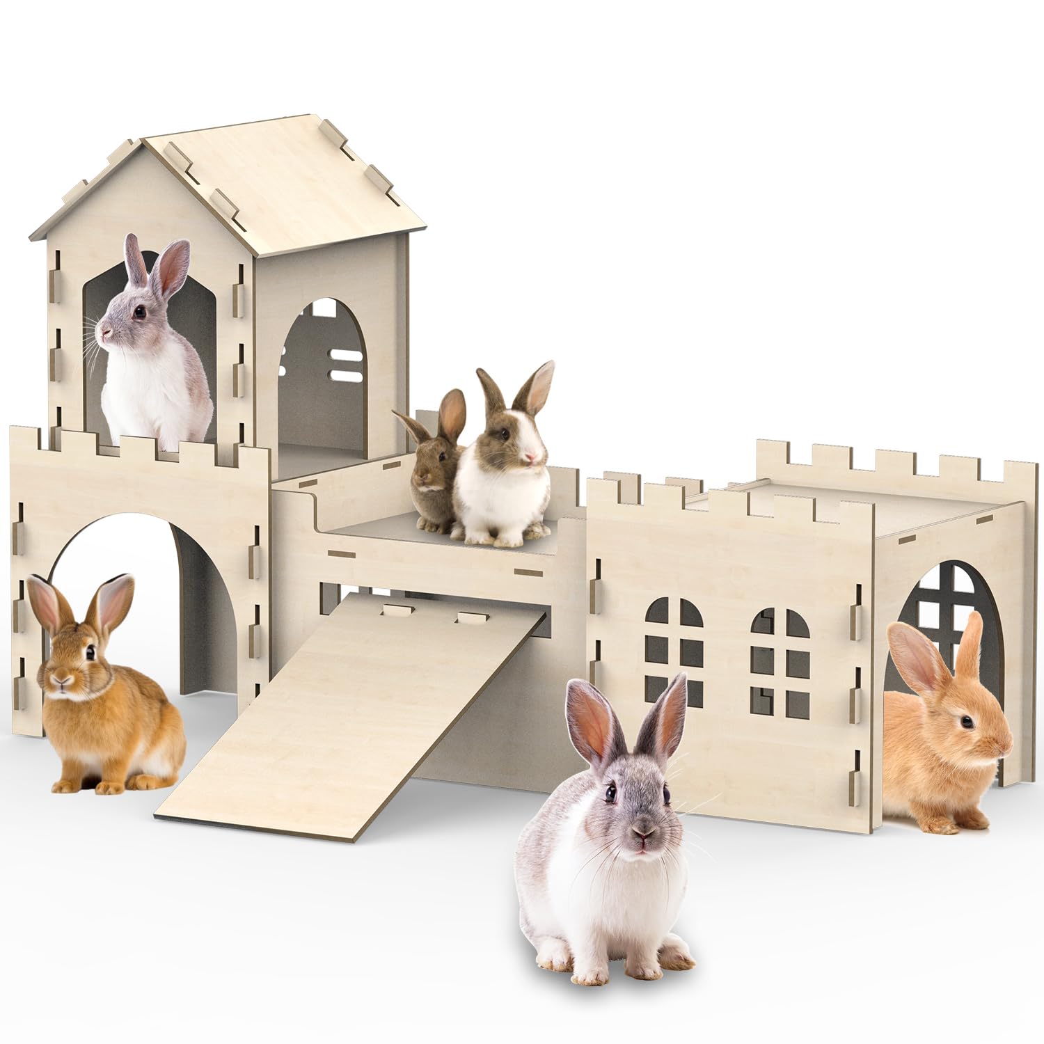 Casa y Guarida para Conejos — Castillo de Madera de Dos Pisos con Escalera, Sin Ligas de Hule, Resistente a Mordidas, Hábitat Seguro para Cobayo, Chinchilla y Hurón