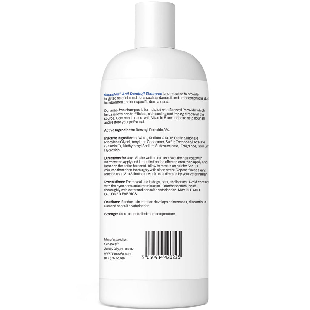 SensoVet Shampoo Anticaspa para Perros y Gatos con Peróxido de Benzoilo y Vitamina E — Alivio para Piel Seca, Seborrea, Foliculitis, Dermatitis, Acné y Descamación — 355 ml (12 oz)