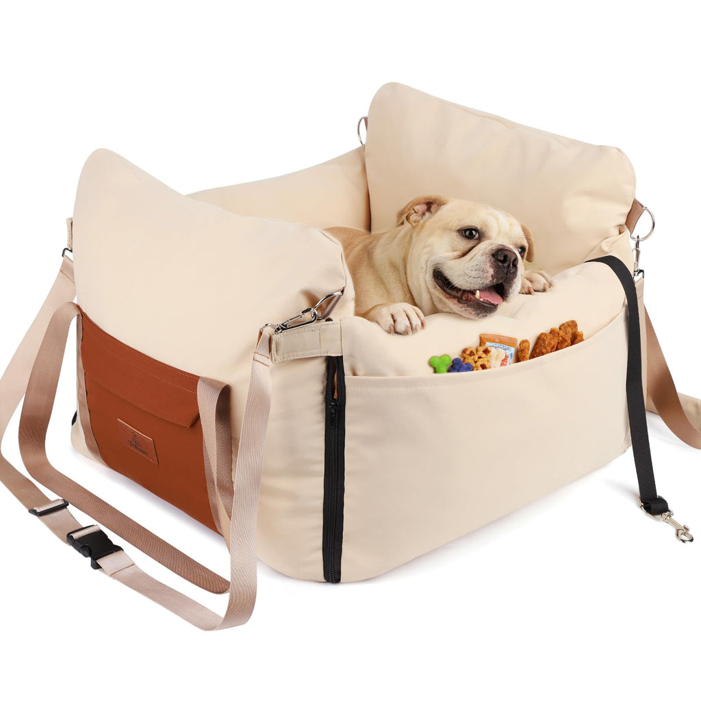 Asiento Elevador para Perros y Gatos Pequeños — Tapete de Viaje con Correa de Seguridad, Bolsillo Lateral y Relleno de Espuma para Auto