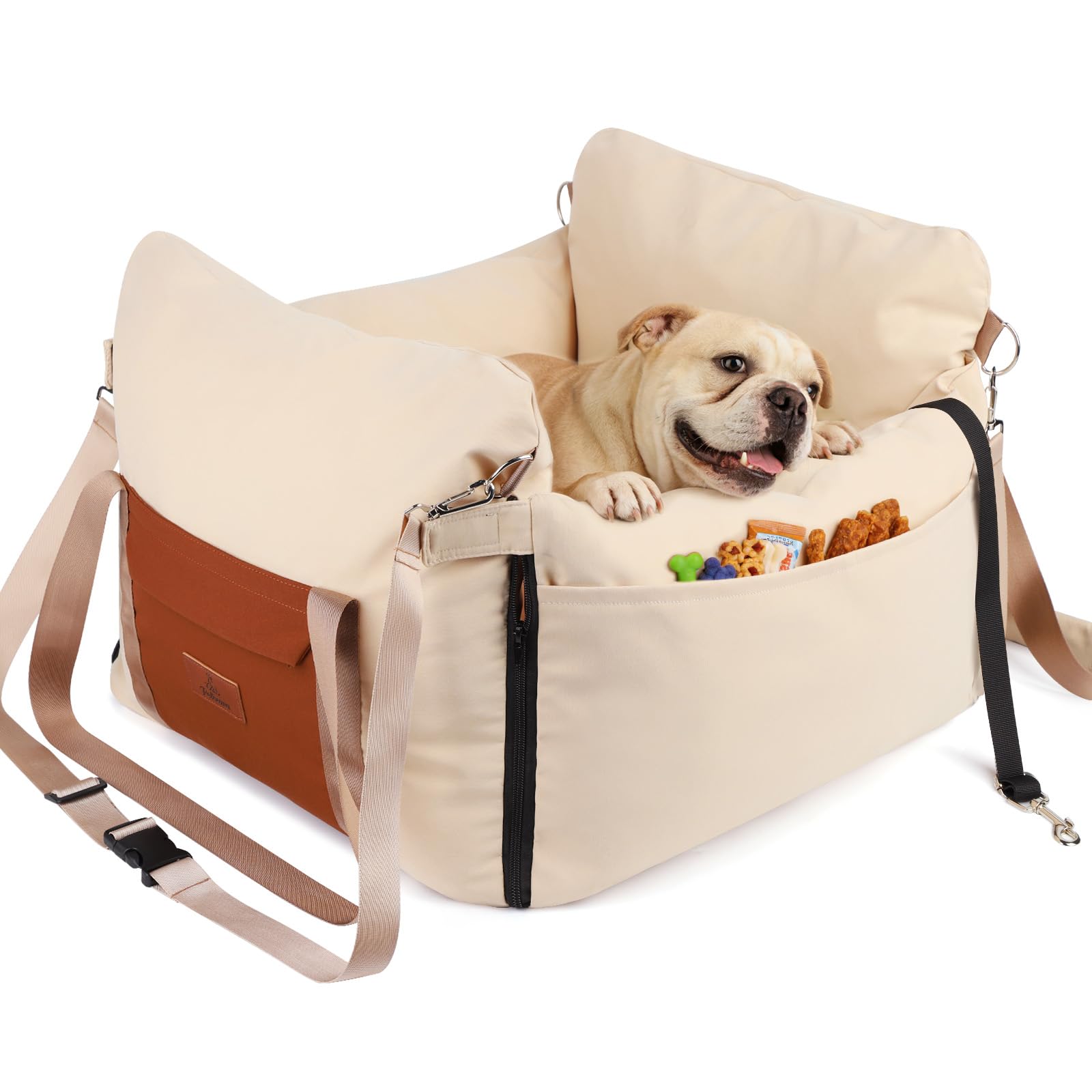 Asiento Elevador para Perros y Gatos Pequeños — Tapete de Viaje con Correa de Seguridad, Bolsillo Lateral y Relleno de Espuma para Auto