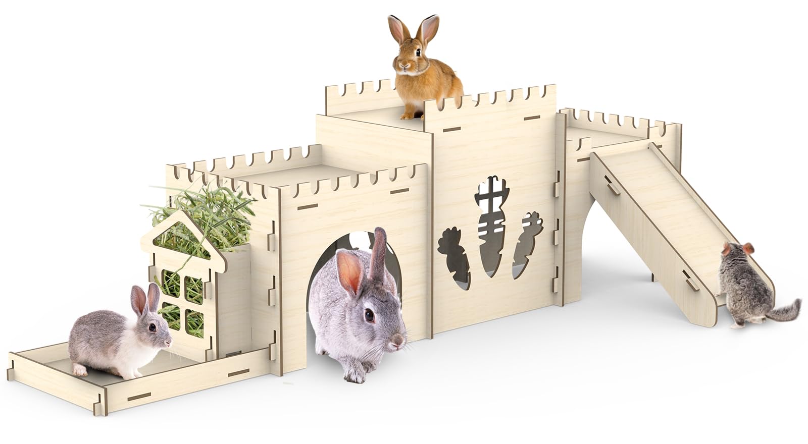 Casa y Guarida para Conejos — Castillo de Madera de Dos Pisos con Escalera, Sin Ligas de Hule, Resistente a Mordidas, Hábitat Seguro para Cobayo, Chinchilla y Hurón