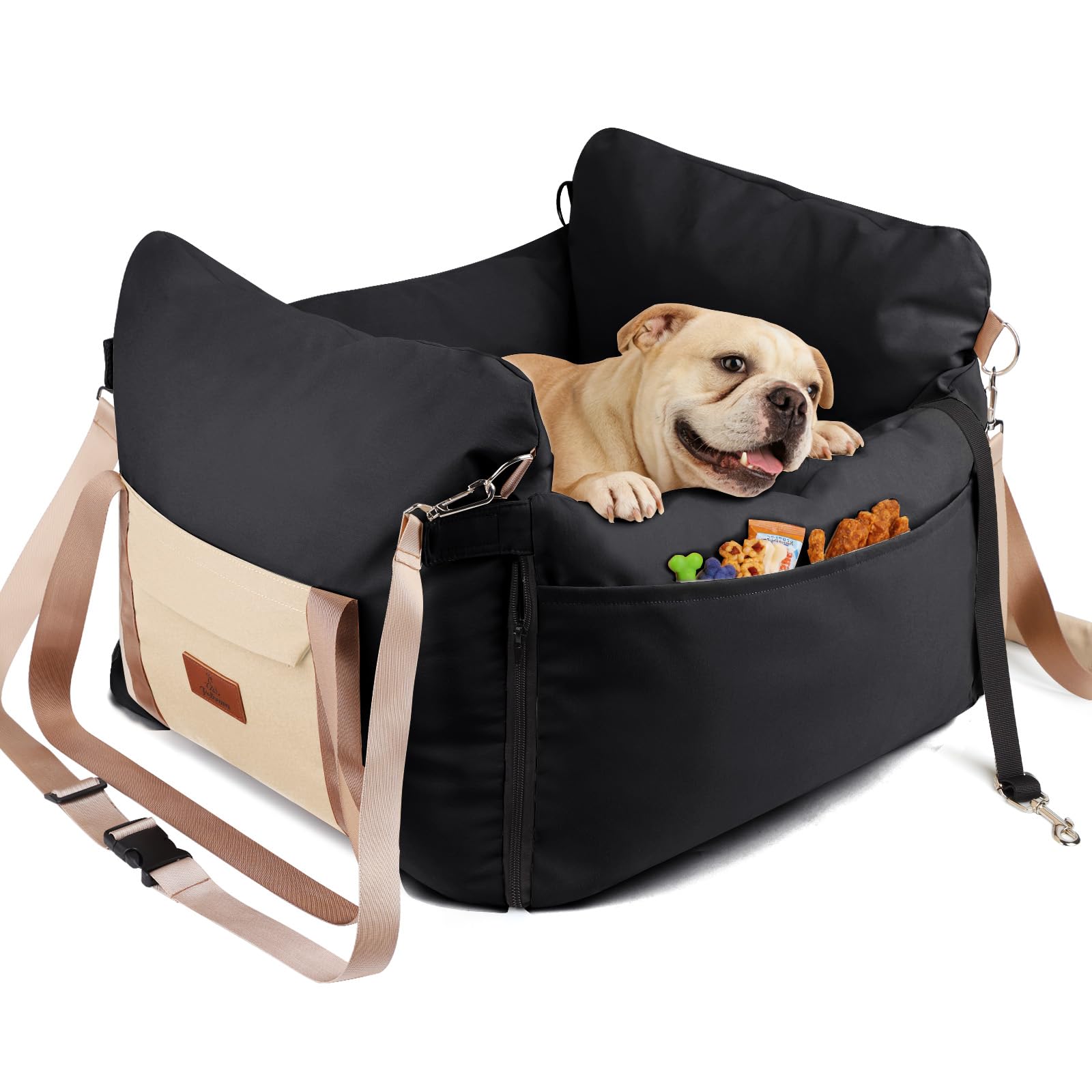 Asiento Elevador para Perros y Gatos Pequeños — Tapete de Viaje con Correa de Seguridad, Bolsillo Lateral y Relleno de Espuma para Auto