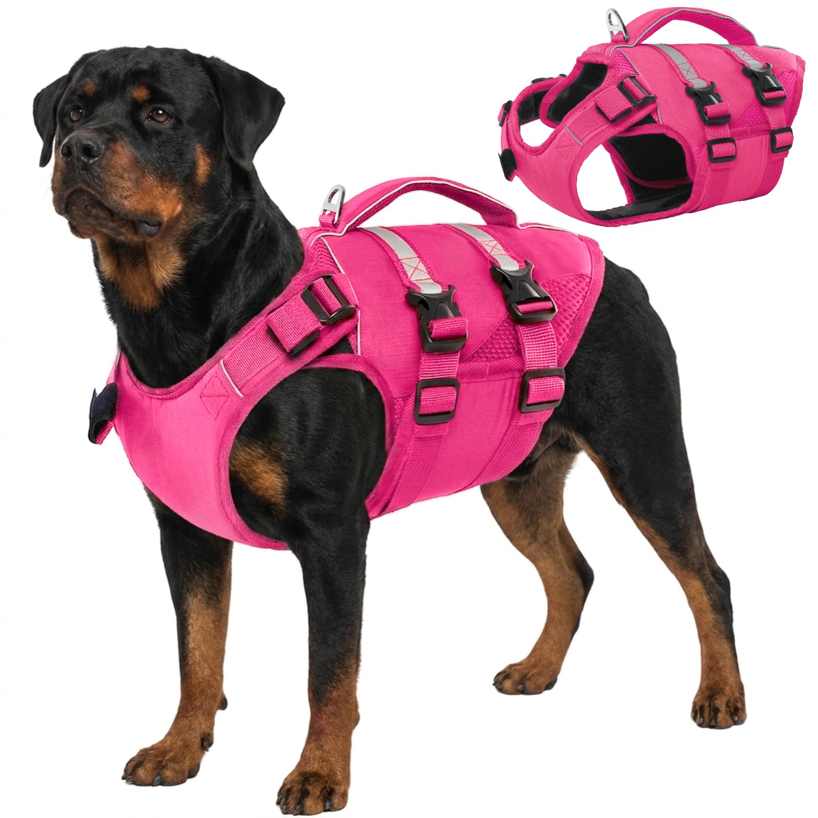 Kuoser — Chaleco Salvavidas con Alta Flotación, Tiras Reflectantes y Asa de Rescate para Perros