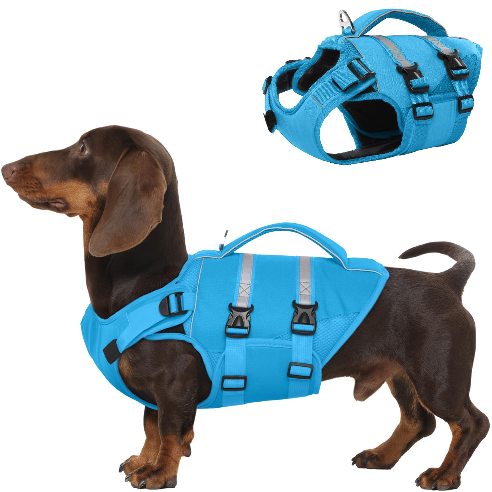 Kuoser — Chaleco Salvavidas con Alta Flotación, Tiras Reflectantes y Asa de Rescate para Perros