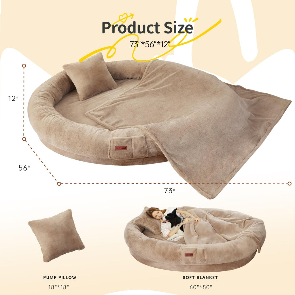 Cama Tamaño Humano para Perros y Adultos con Almohada y Cobija — Felpa Ortopédica Lavable y Removible para Mascotas Grandes
