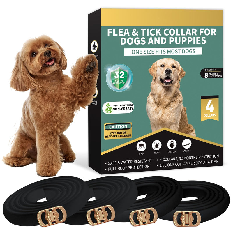 Puyrzoe Collar Antipulgas y Garrapatas para Perros y Cachorros — Paquete de 4 Collares con 32 Meses de Protección, Impermeable, Ajustable y de Liberación Lenta (Negro)