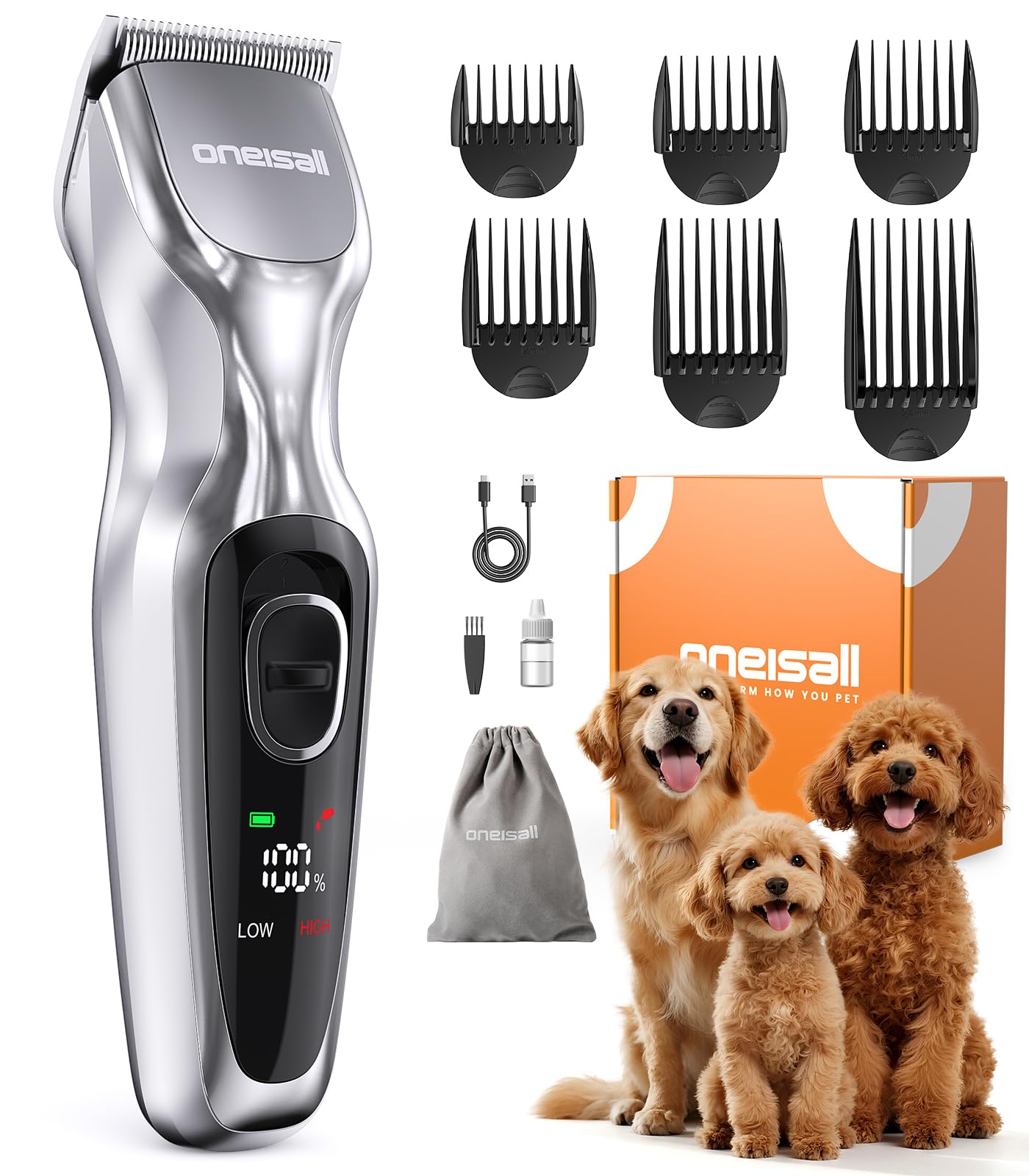 oneisall Rasurador Inalámbrico para Perros — Cortadora de Pelo Silenciosa de 2 Velocidades con Cuchilla Metálica Desmontable para Grooming en Casa