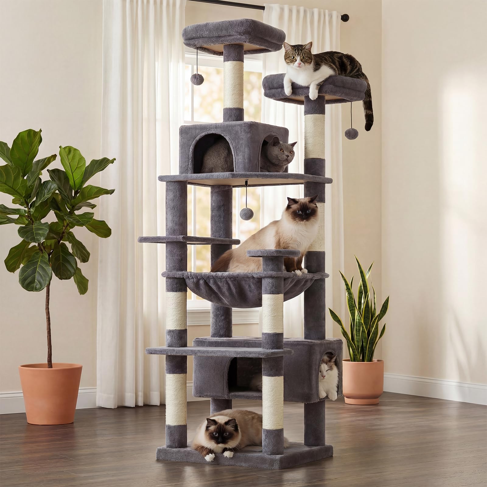 PAWZ Road 72-81 Inches Large Cat Tree, Tall Cat Tower with Large Mental Hammock for Indoor Cats Adults,7 Sisal-Covered Scratching Posts, 2 Padded Perches, Condos, and Basket
