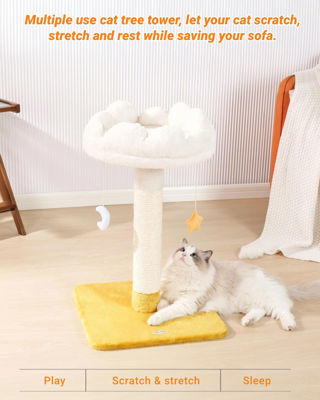 Happi N Pets Cloud — Torre Rascador con Cama, Percha y Juguetes para Gato