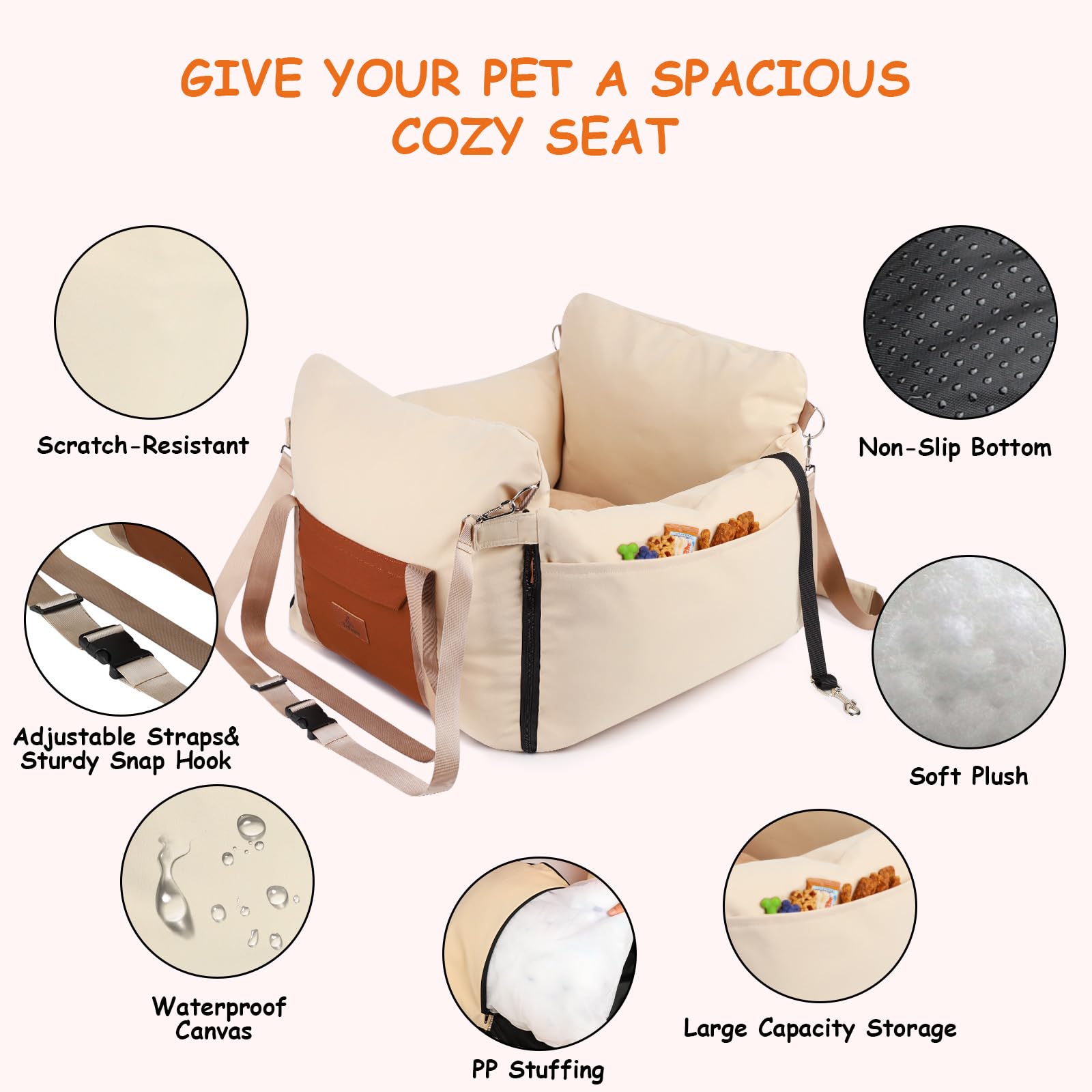 Asiento Elevador para Perros y Gatos Pequeños — Tapete de Viaje con Correa de Seguridad, Bolsillo Lateral y Relleno de Espuma para Auto