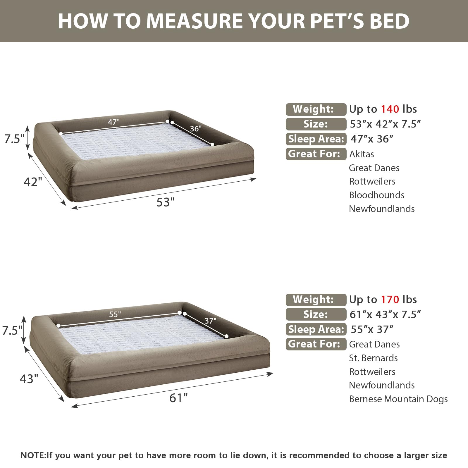 WNPETHOME — Cama Ortopédica Sofá para Perro XL con Cubierta Extraíble Impermeable y Bordes Acolchados