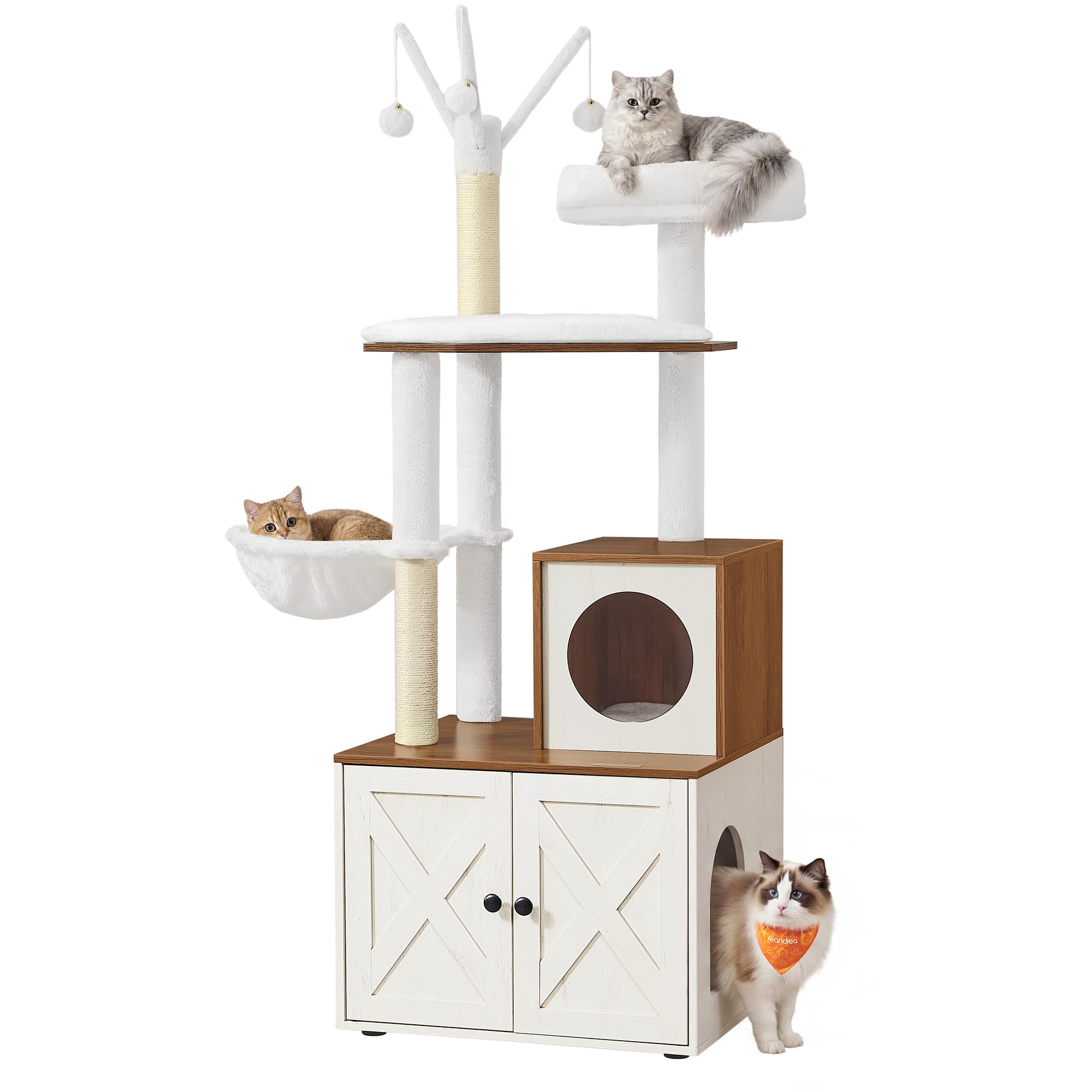 Feandrea Torre Rascador para Gato con Mueble para Arenero Integrado — Centro de Actividades 2 en 1 con Cojines Lavables y Postes de Sisal