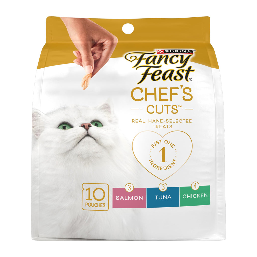 Purina Fancy Feast Purely Natural — Paquete Variado de Snacks para Gatos con Pollo, Atún y Salmón (5 sobres de 10 piezas c/u)