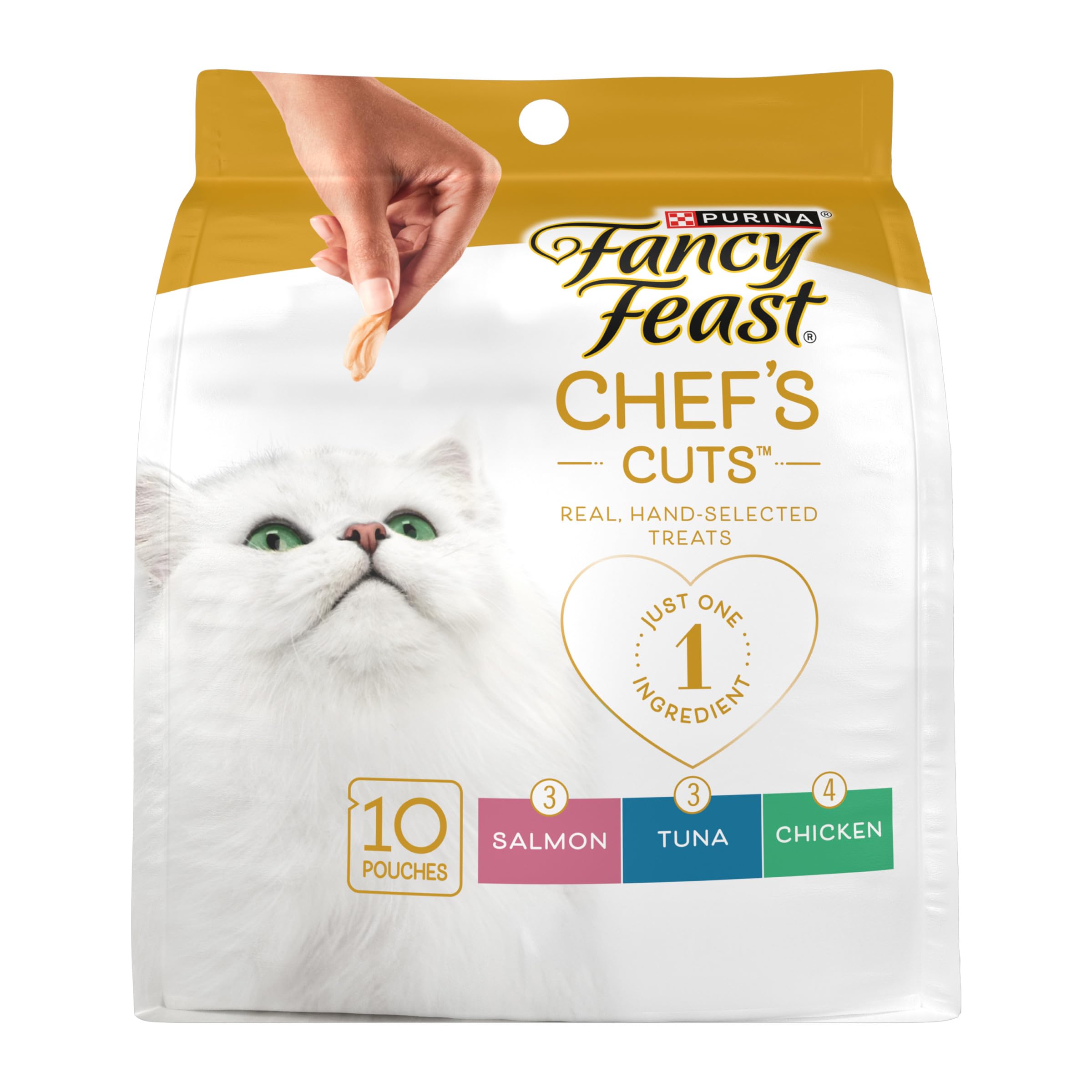 Purina Fancy Feast Purely Natural — Paquete Variado de Snacks para Gatos con Pollo, Atún y Salmón (5 sobres de 10 piezas c/u)