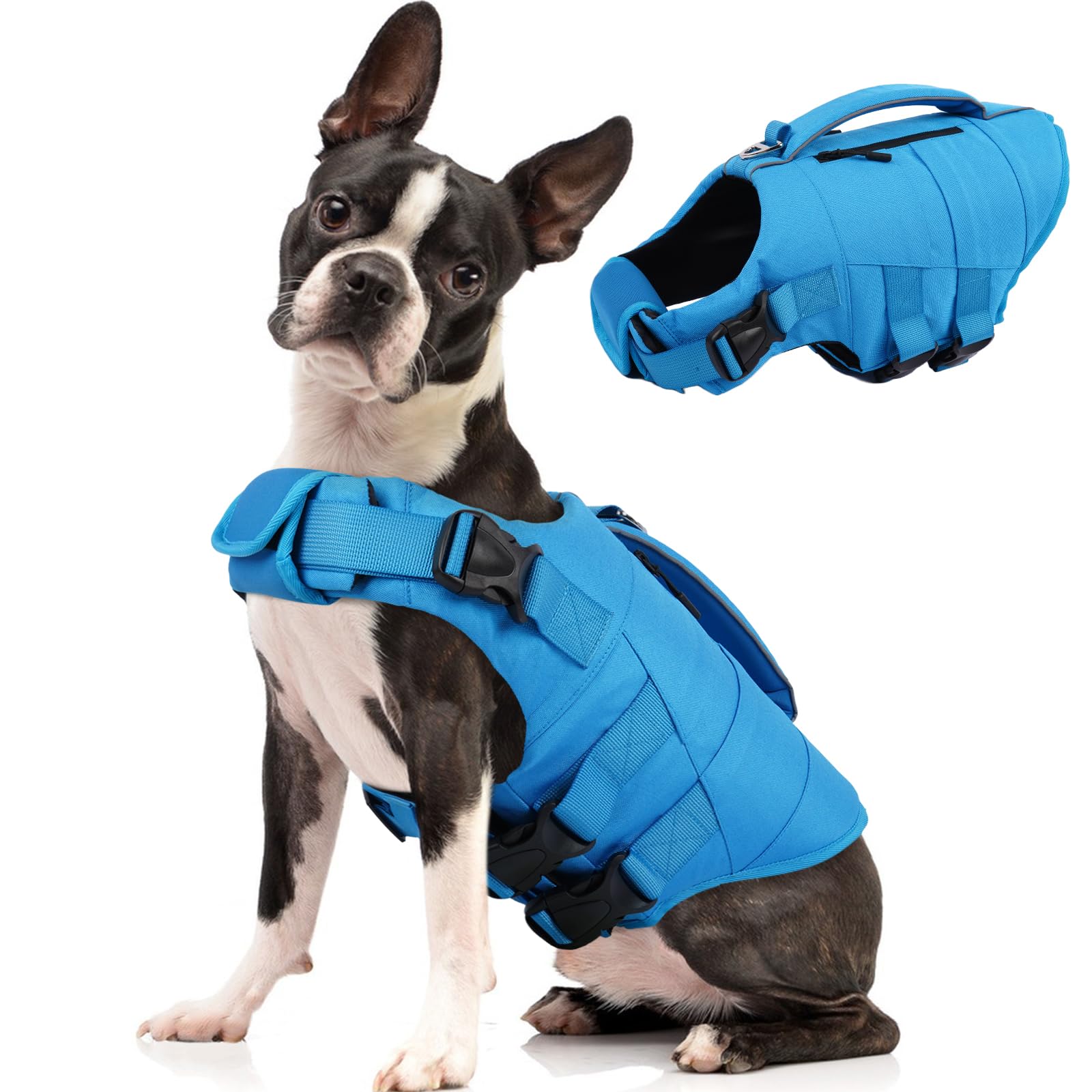 Kuoser — Chaleco Salvavidas con Alta Flotación, Tiras Reflectantes y Asa de Rescate para Perros