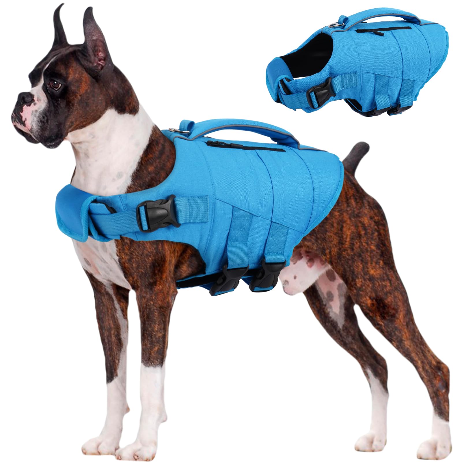 Kuoser — Chaleco Salvavidas con Alta Flotación, Tiras Reflectantes y Asa de Rescate para Perros