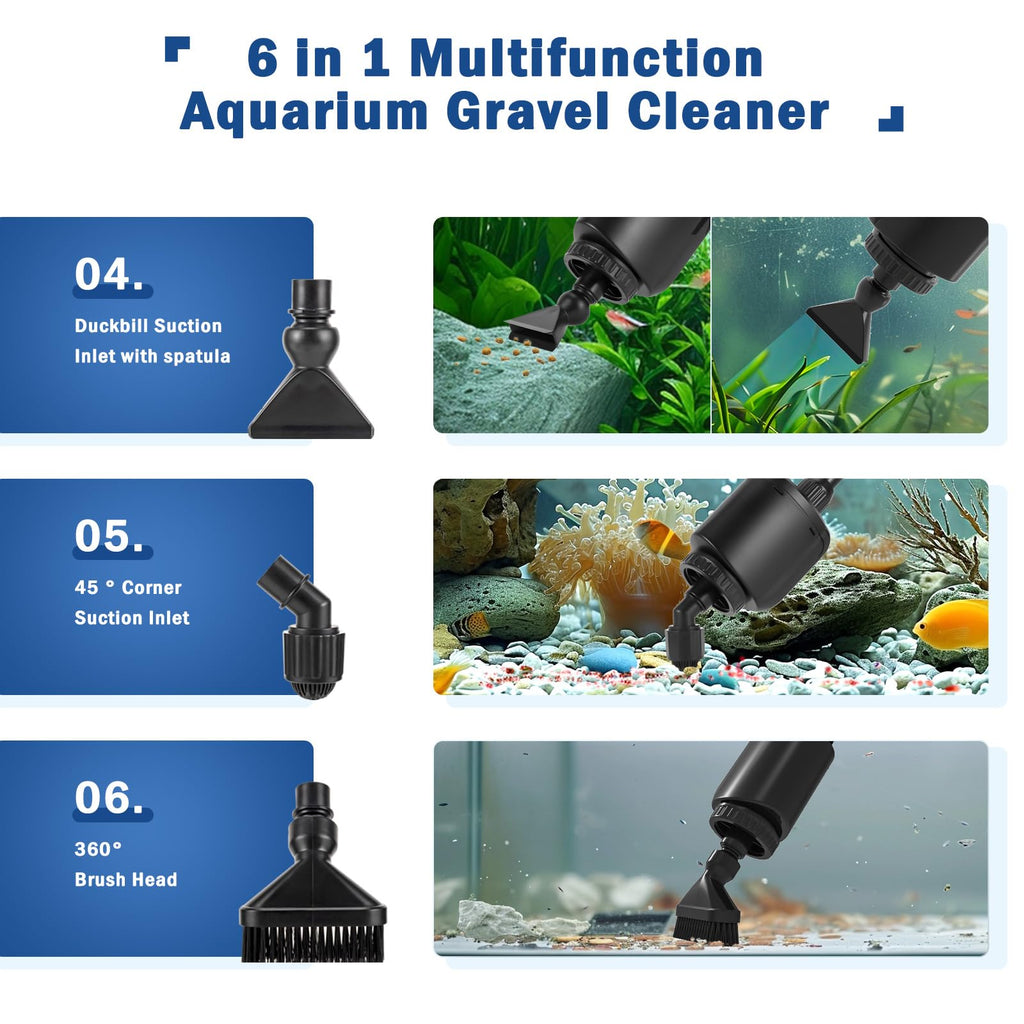 AQQA Kit Limpiador Eléctrico 6 en 1 para Acuario — Cambiador de Agua, Aspiradora de Grava y Filtro para Pecera