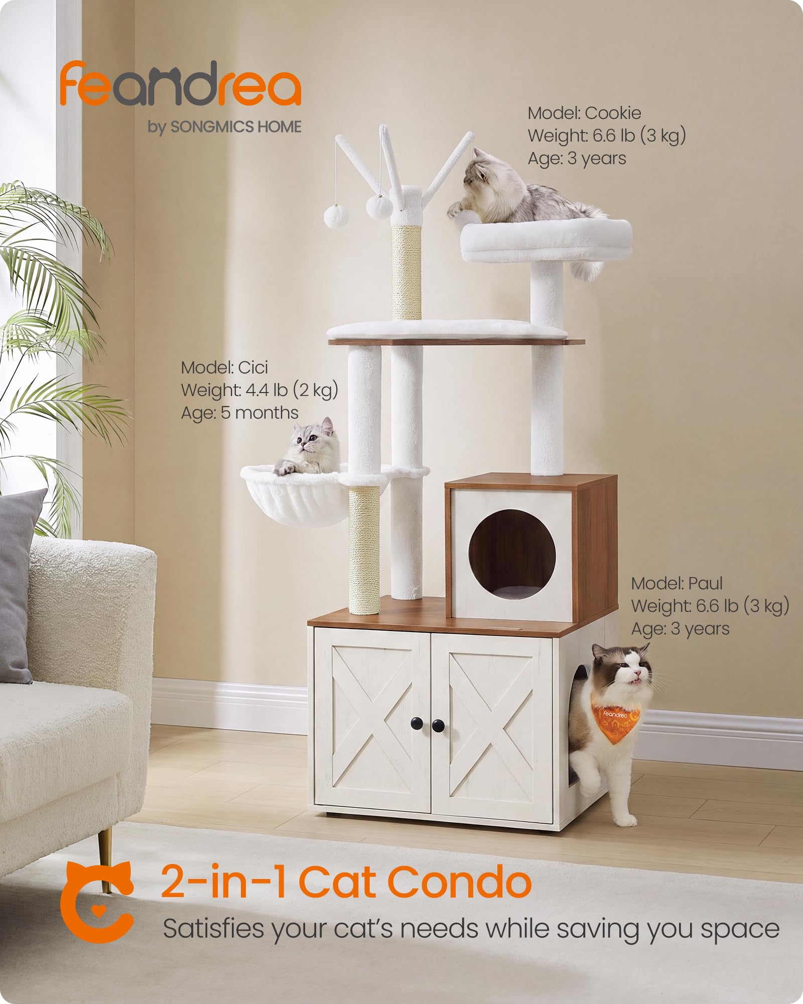 Feandrea Torre Rascador para Gato con Mueble para Arenero Integrado — Centro de Actividades 2 en 1 con Cojines Lavables y Postes de Sisal