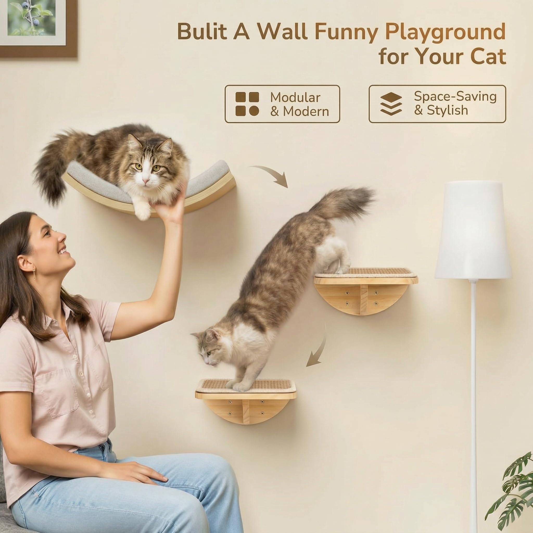 PELUO Curved — Cama Flotante para Gato con 2 Escalones de Pared y Percha de Ventana