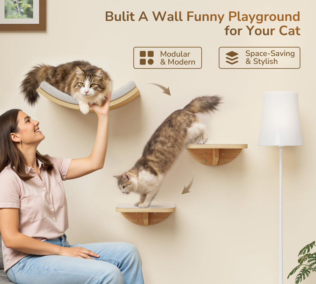 PELUO Curved — Cama Flotante para Gato con 2 Escalones de Pared y Percha de Ventana