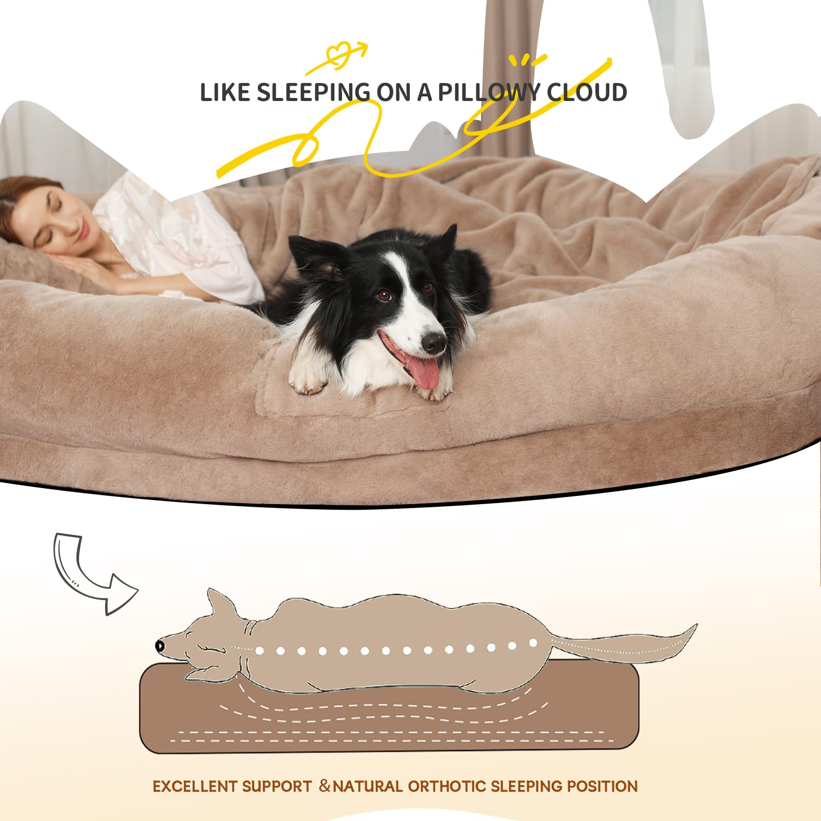 Cama Tamaño Humano para Perros y Adultos con Almohada y Cobija — Felpa Ortopédica Lavable y Removible para Mascotas Grandes