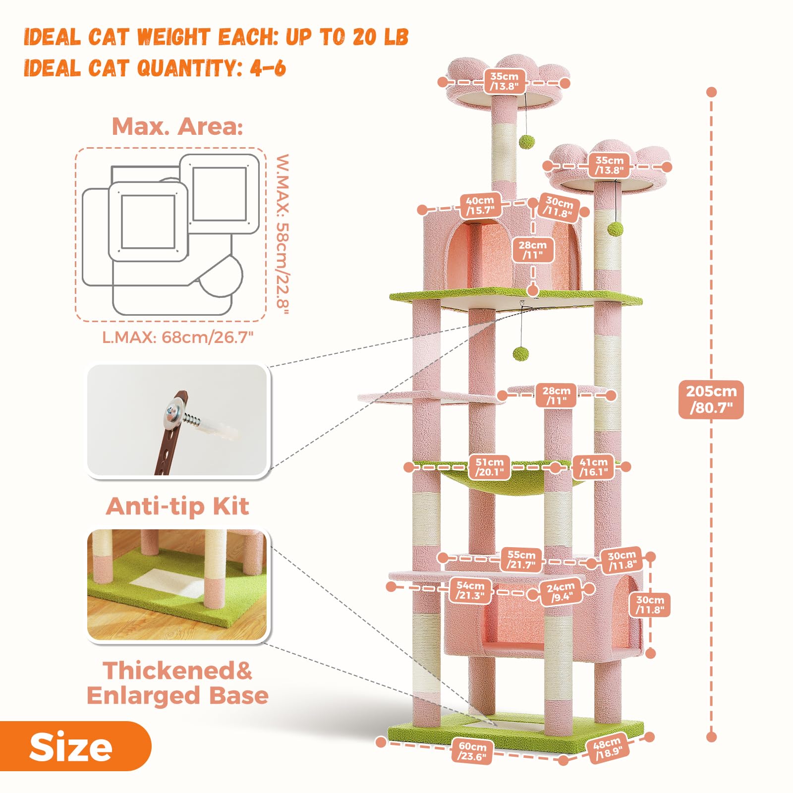 PAWZ Road 72-81 Inches Large Cat Tree, Tall Cat Tower with Large Mental Hammock for Indoor Cats Adults,7 Sisal-Covered Scratching Posts, 2 Padded Perches, Condos, and Basket