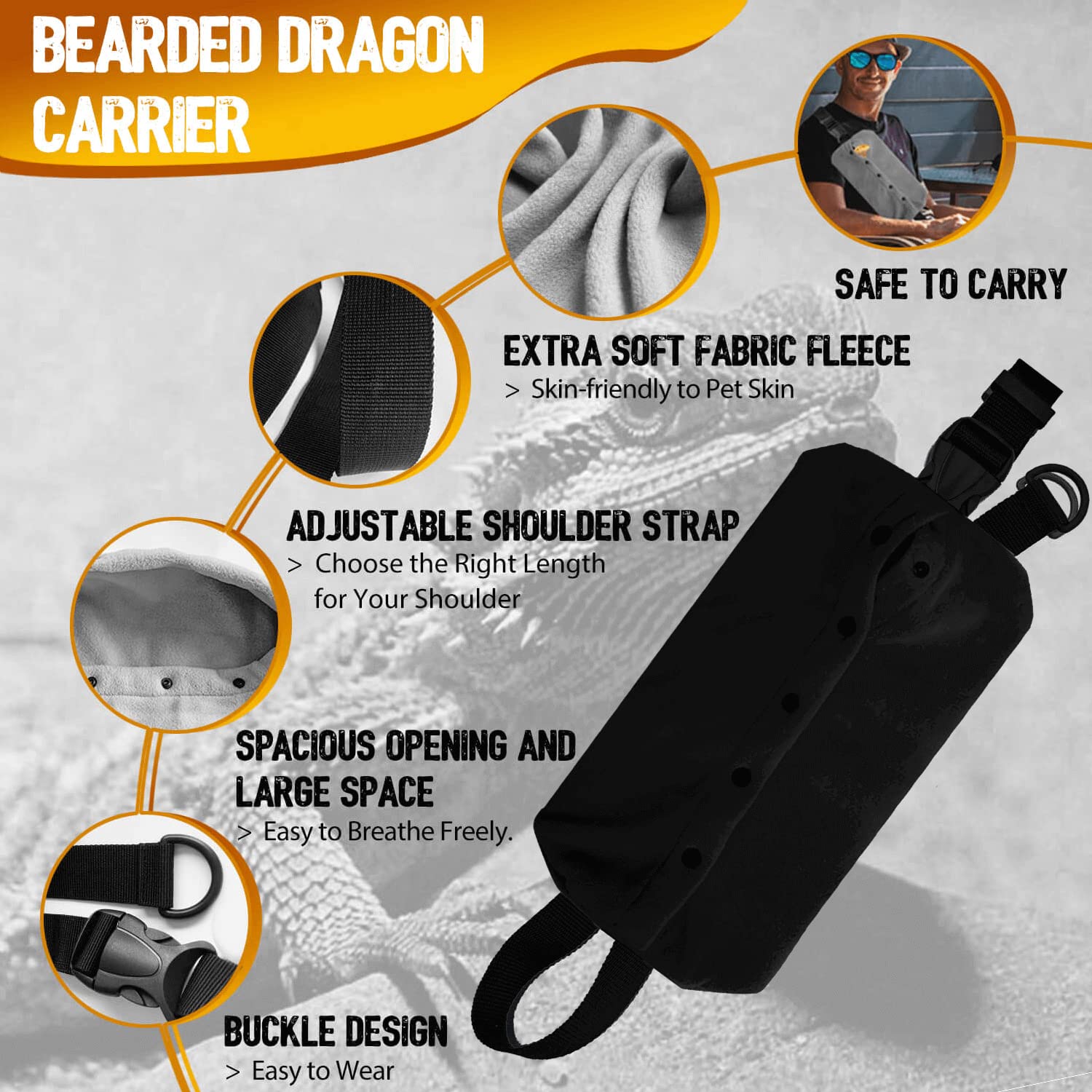 WATFOON — Arnés y Correa de Cuero con Bolso Canguro para Dragón Barbudo y Reptiles Pequeños, Ajustable para Paseos y Viajes al Aire Libre
