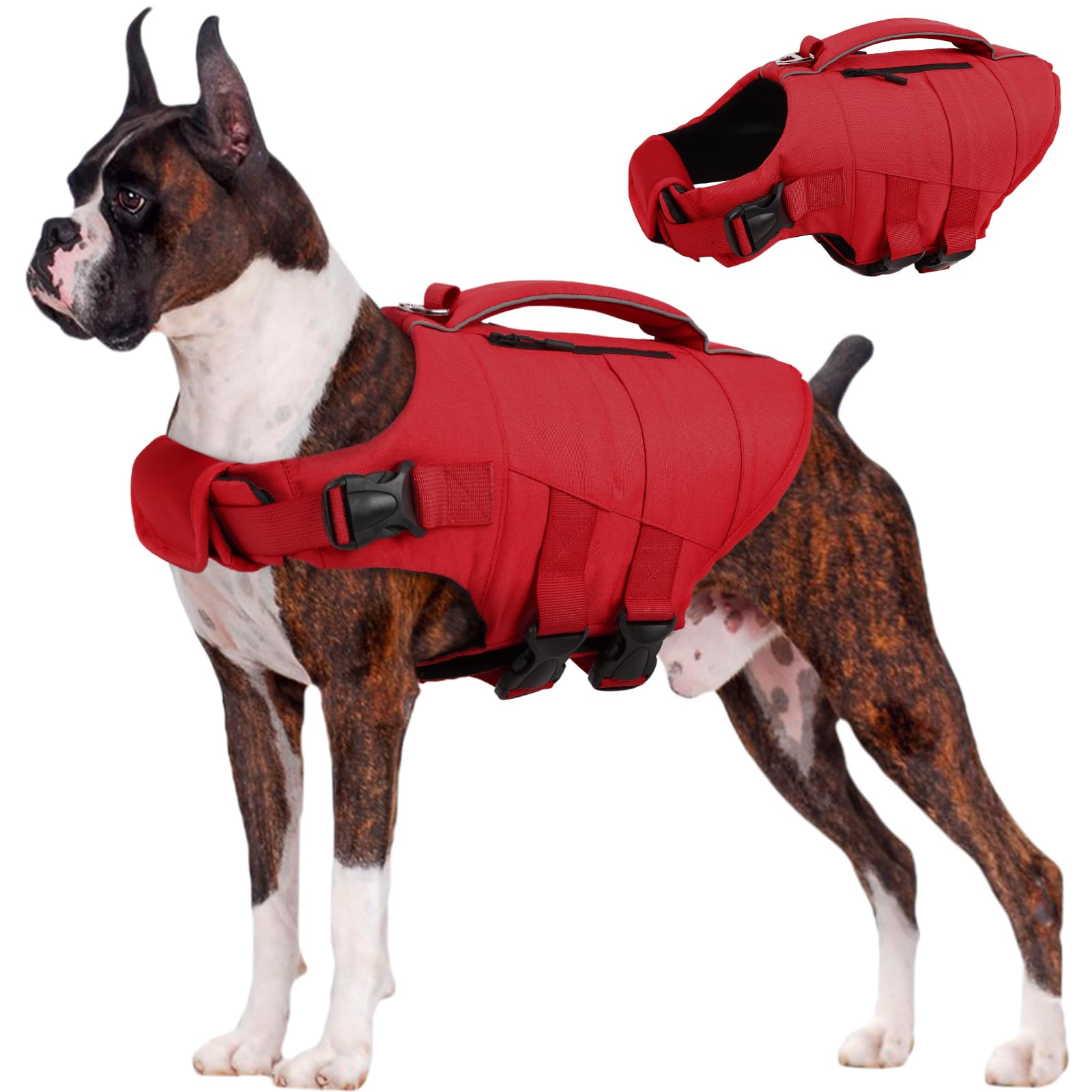 Kuoser — Chaleco Salvavidas con Alta Flotación, Tiras Reflectantes y Asa de Rescate para Perros
