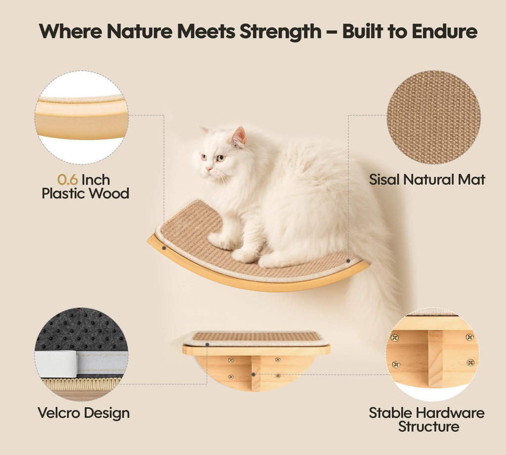 PELUO Curved — Cama Flotante para Gato con 2 Escalones de Pared y Percha de Ventana