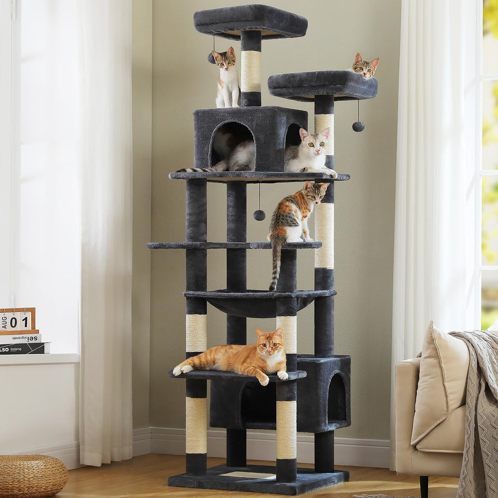 PAWZ Road 72-81 Inches Large Cat Tree, Tall Cat Tower with Large Mental Hammock for Indoor Cats Adults,7 Sisal-Covered Scratching Posts, 2 Padded Perches, Condos, and Basket