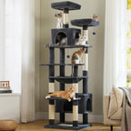 PAWZ Road 72-81 Inches Large Cat Tree, Tall Cat Tower with Large Mental Hammock for Indoor Cats Adults,7 Sisal-Covered Scratching Posts, 2 Padded Perches, Condos, and Basket