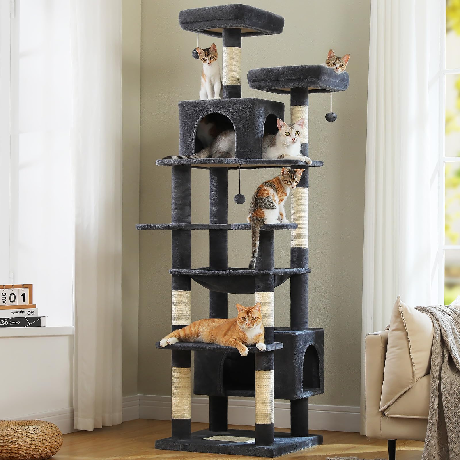 PAWZ Road 72-81 Inches Large Cat Tree, Tall Cat Tower with Large Mental Hammock for Indoor Cats Adults,7 Sisal-Covered Scratching Posts, 2 Padded Perches, Condos, and Basket