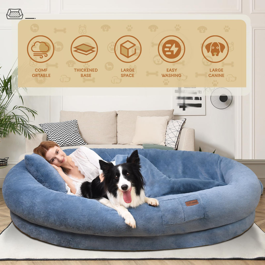 Cama Tamaño Humano para Perros y Adultos con Almohada y Cobija — Felpa Ortopédica Lavable y Removible para Mascotas Grandes